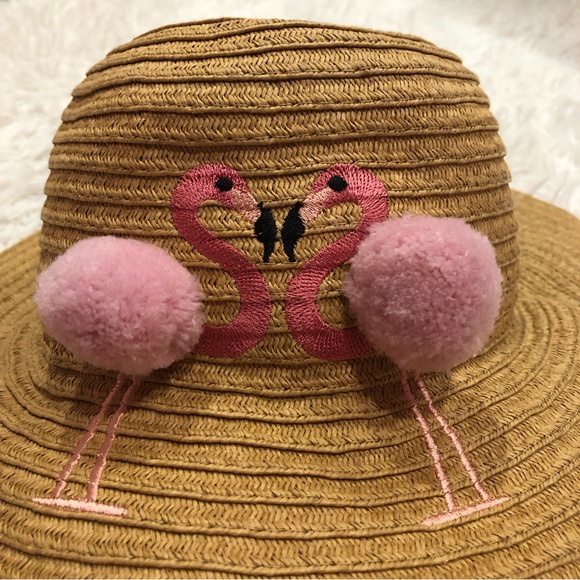 Embroidered Flamingo Pom Pom Straw Hat OS - Picture 2 of 5
